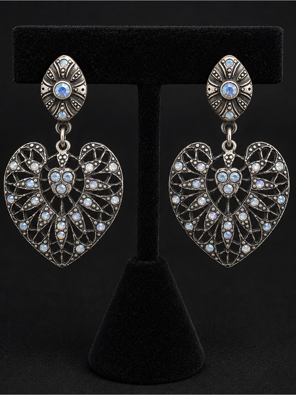 Silver-Tone Heart Filigree Drop Earrings with Opalescent Iridescent Stones